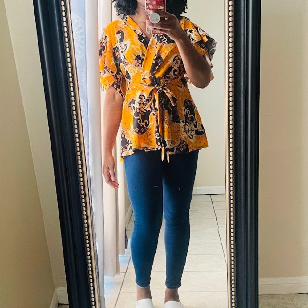 Black and Orange Kimono Style Belted Top  - Cold shoulder